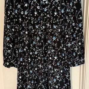 LOFT Black Long-Sleeve Floral Midi Dress with Blue and White Flowers